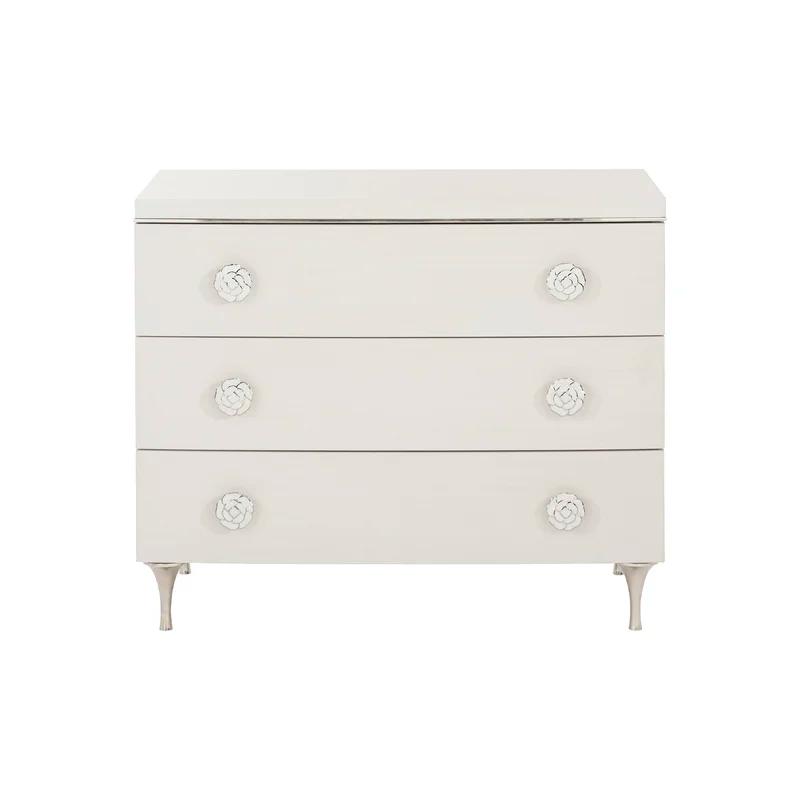 Transitional White 3-Drawer Nightstand with Polished Stainless Steel Accents