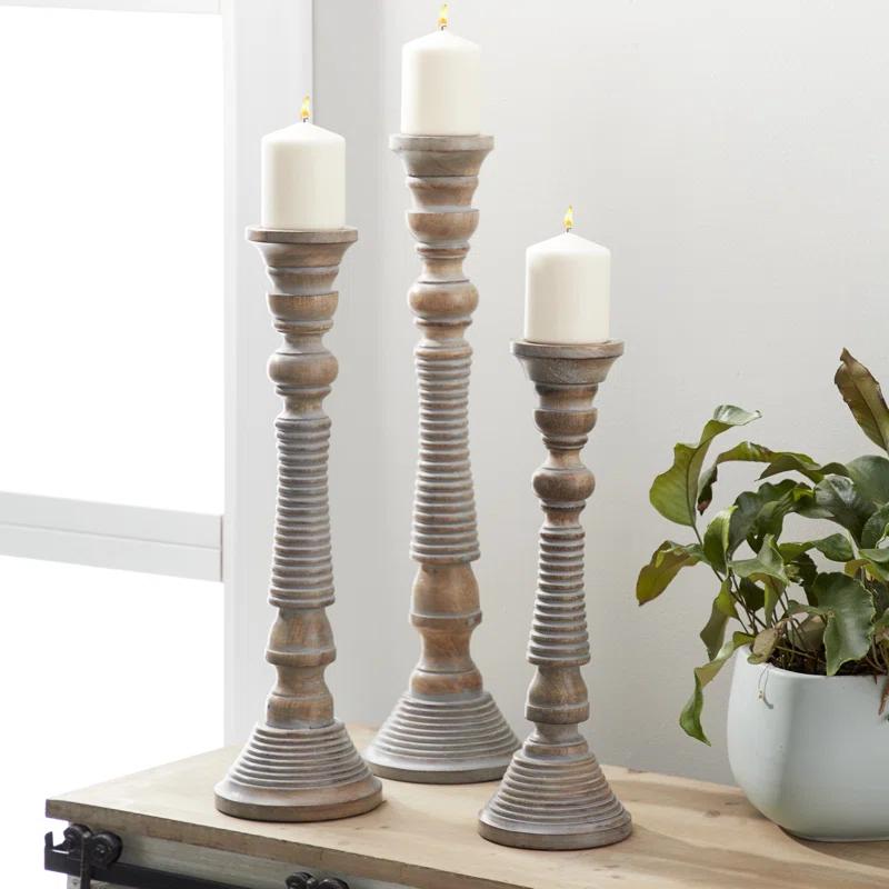Mango Wood Handmade Decorative Light Gray Candle Holder Set (Set of 3)