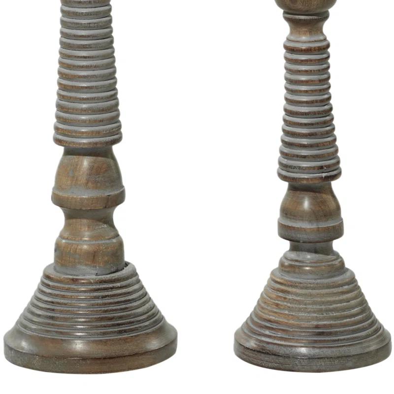 Mocha Brown Mango Wood Candlestick Trio with Gray Wash