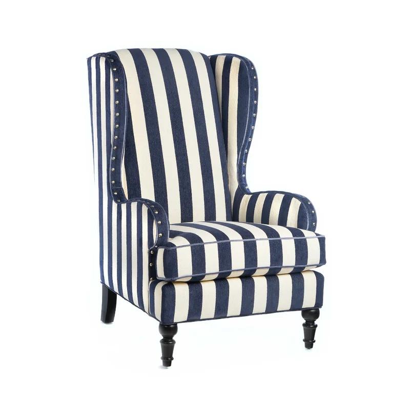 Nautical Navy and White Stripe Chenille Wingback Accent Chair