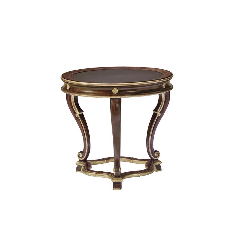 Round Mahogany and Marble End Table with Gold Trim