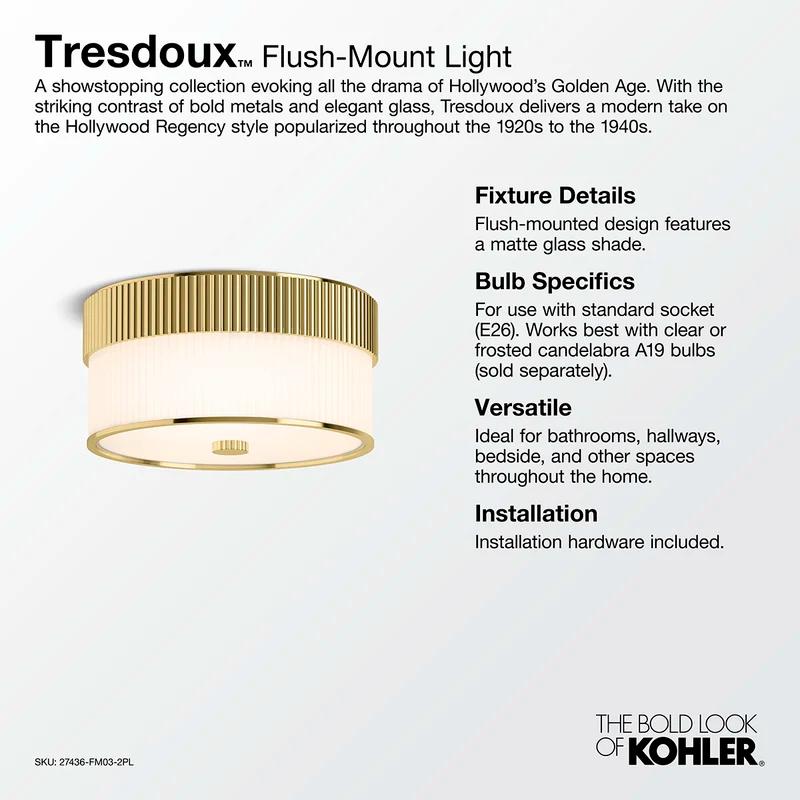 Tresdoux Polished Brass and Matte Glass 16" Drum Flush-Mount Light