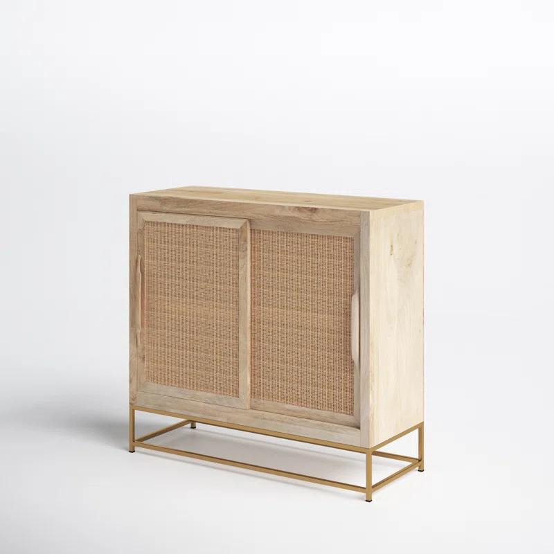 Janie Geometric Gold-Finish Rattan 2-Sliding Door Cabinet