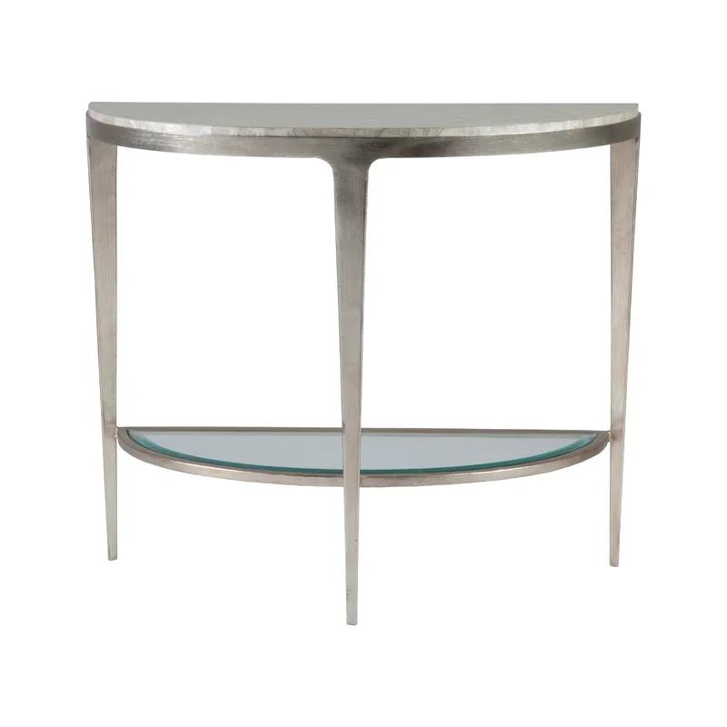 Contemporary Silver Metal & Glass Demilune Console with Storage