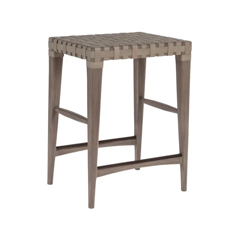 Coastal Warm Gray Woven Leather Backless Counter Stool, 24"