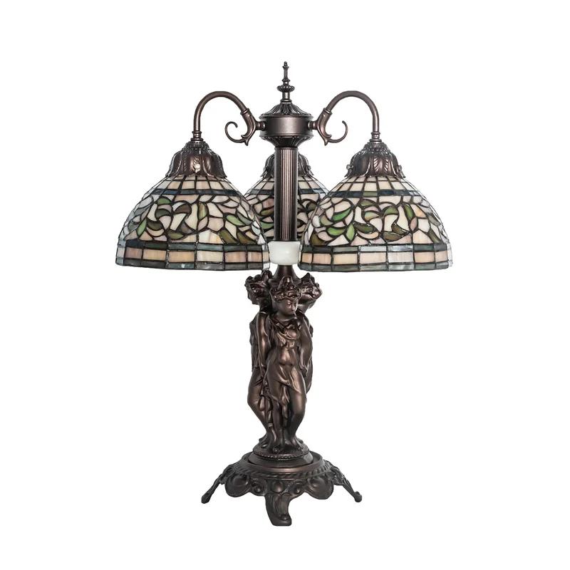 Mahogany Bronze Tiffany-Inspired 3-Light Stained Glass Table Lamp