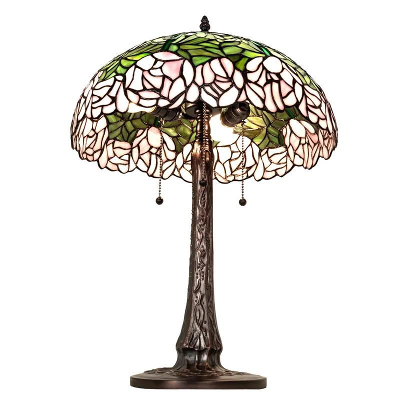 Passion Pink Cabbage Rose 3-Light Stained Glass Table Lamp