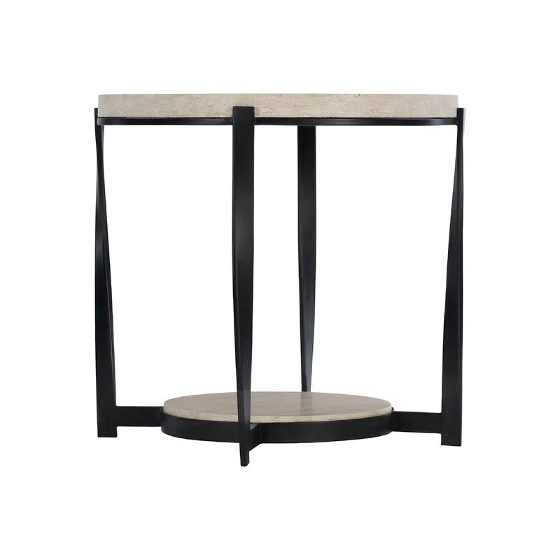 Transitional Black and Beige Stone Top Metal Side Table, 27"