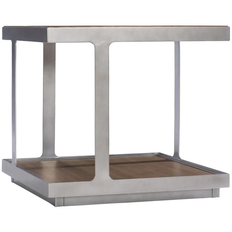 Transitional Quartered Oak and Steel Square End Table in Gray/Brown