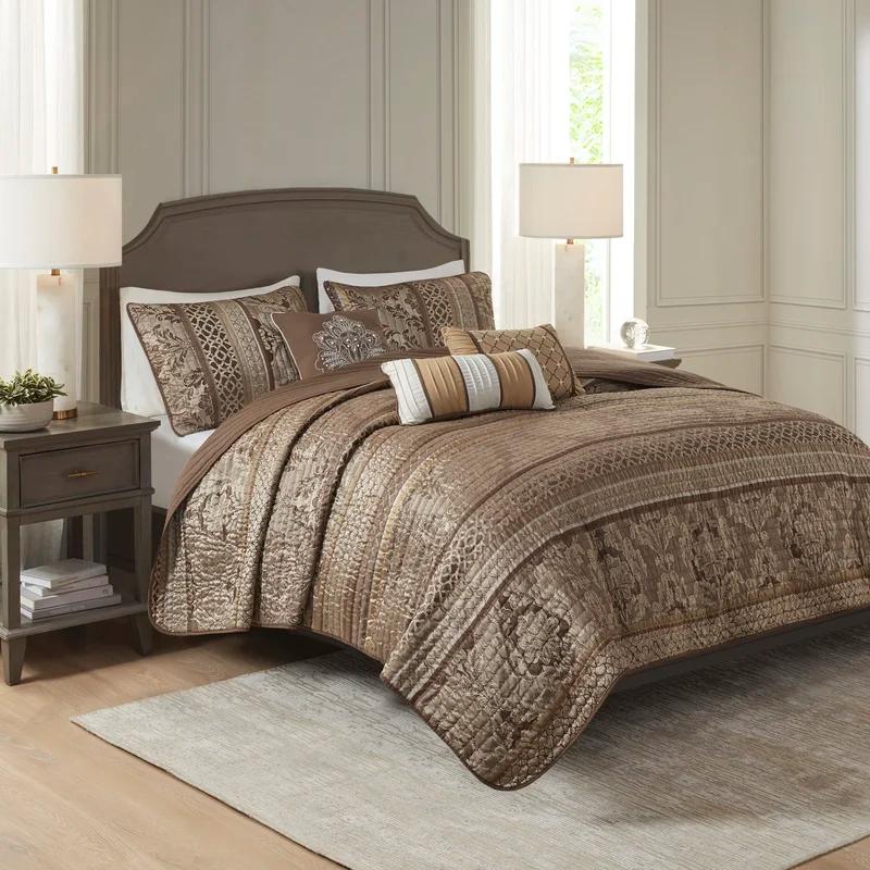 Full Brown Reversible Jacquard Coverlet Set with Shams and Pillows