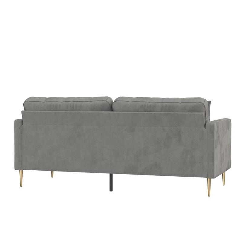 Chic Gray Velvet Sofa with Gold Metal Legs and Accent Pillows