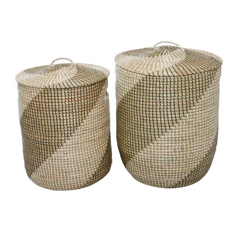 Seagrass Handmade Two Toned Decorative and Functional Storage Basket with Matching Lids