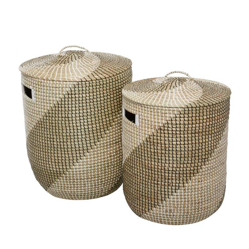 Seagrass Handmade Two Toned Decorative and Functional Storage Basket with Matching Lids