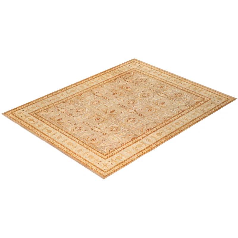 Classic Beige Floral Hand-Knotted Wool 9'2" x 12'3" Area Rug