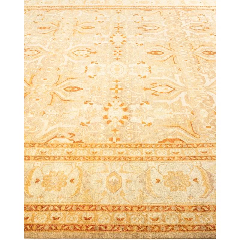 Classic Beige Floral Hand-Knotted Wool 9'2" x 12'3" Area Rug