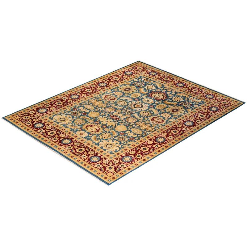 Hand-Knotted Blue Wool Floral 9' x 12' Area Rug