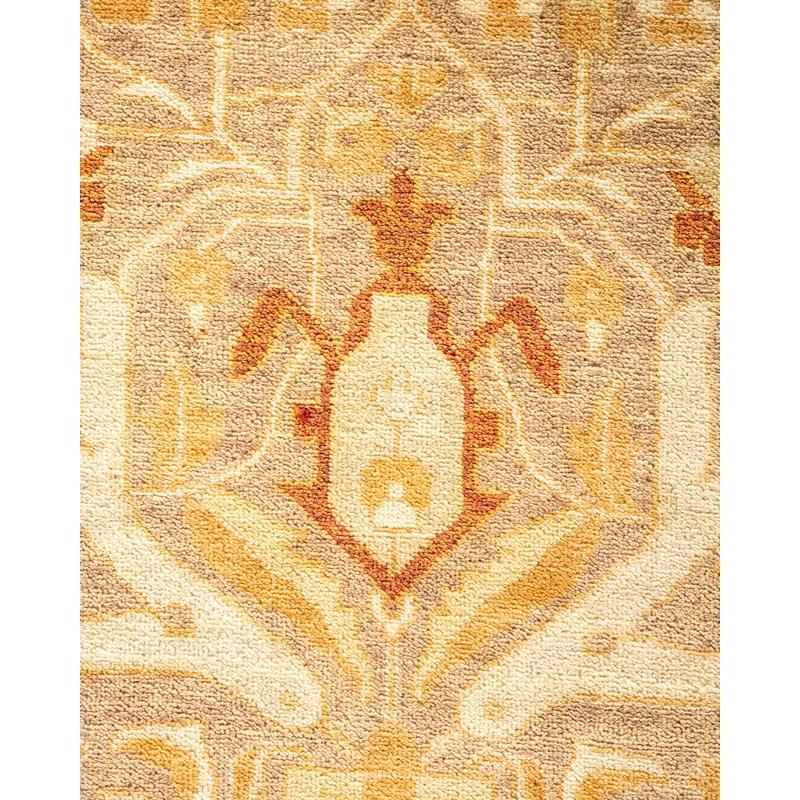 Classic Beige Floral Hand-Knotted Wool 9'2" x 12'3" Area Rug