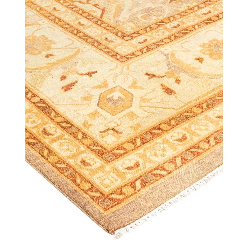 Classic Beige Floral Hand-Knotted Wool 9'2" x 12'3" Area Rug