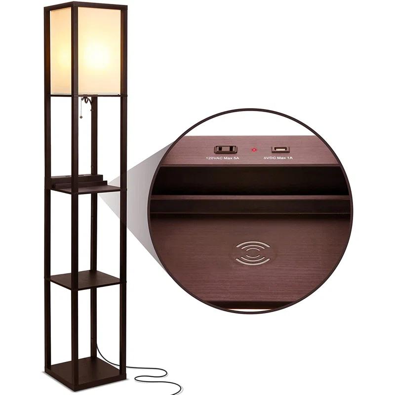 Brightech Maxwell 63 in. 3-Shelf Modern USB and Wireless Charging LED Floor Lamp with Fabric Square Shade