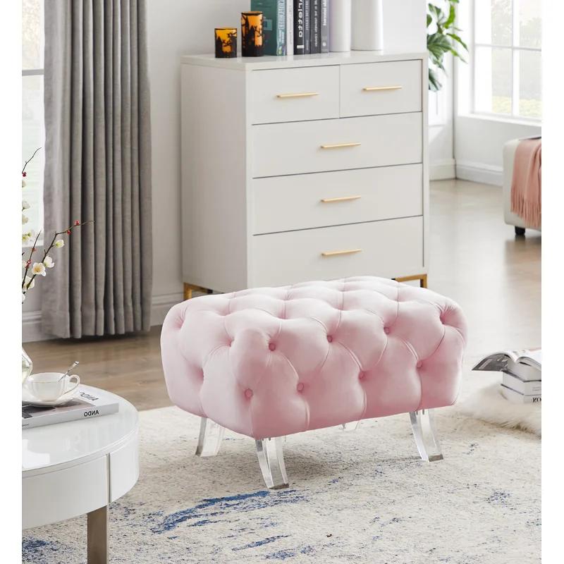 Crescent Soft Pink Velvet Tufted Ottoman with Acrylic Legs