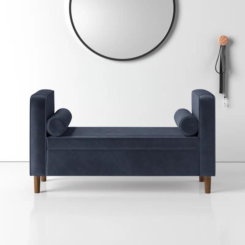 Mid-Century Dark Navy Velvet Storage Bench with Bolster Pillows