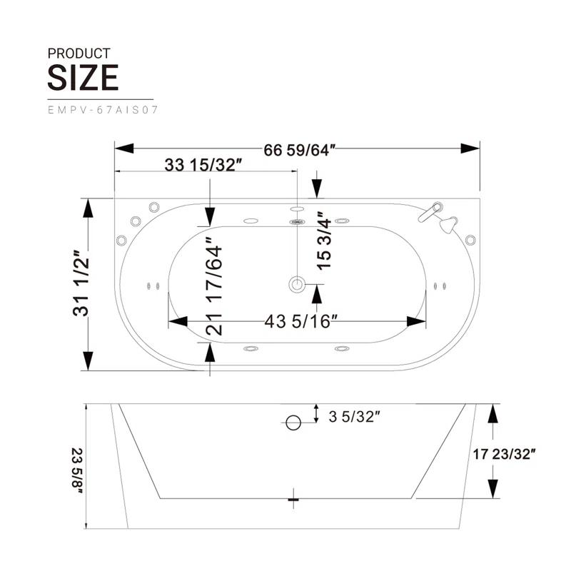 67'' x 33.5'' Freestanding Whirlpool Plastic / Acrylic Bathtub with Faucet