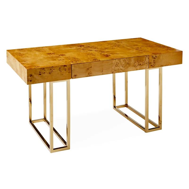 Bond Executive White Burled Mappa Desk with Polished Brass Base