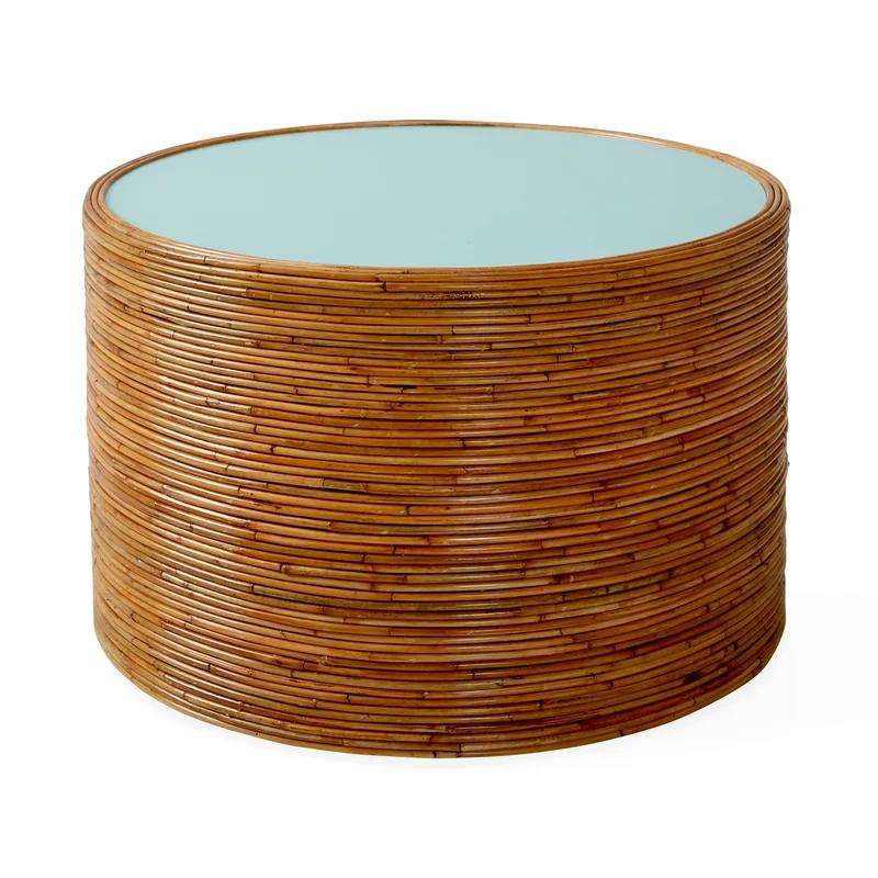 Round Rattan and Glass Cocktail Table with Celadon Top