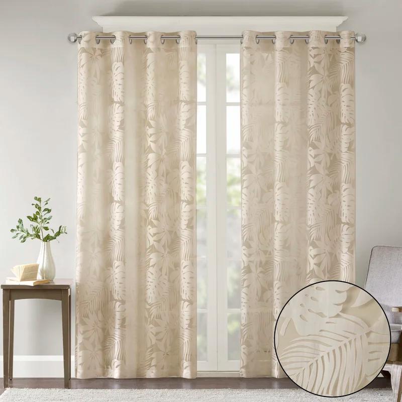 Natural Beige Palm Leaf Sheer Grommet Curtain Panel