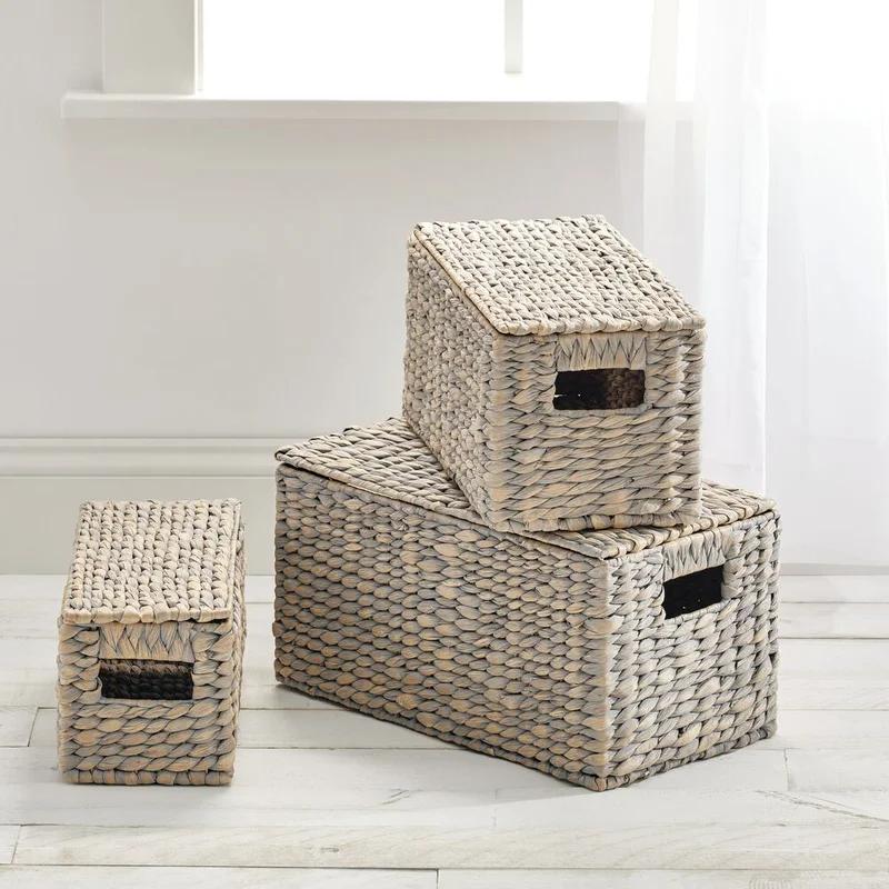 Gray Wicker Rectangular Storage Basket Set with Lids