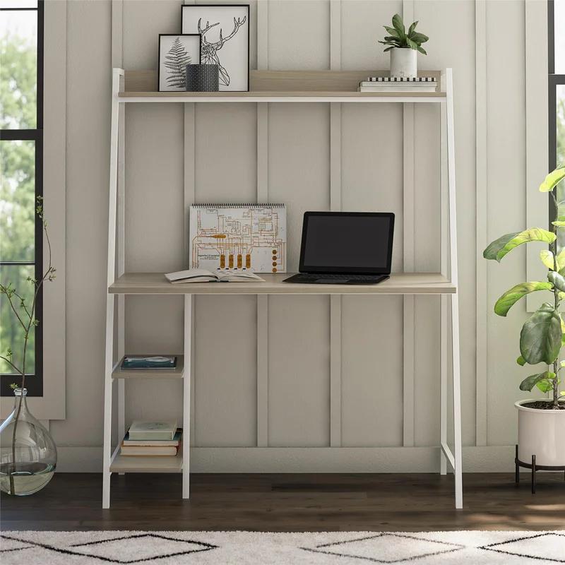 Pale Oak and White Metal Ladder Desk with Shelves