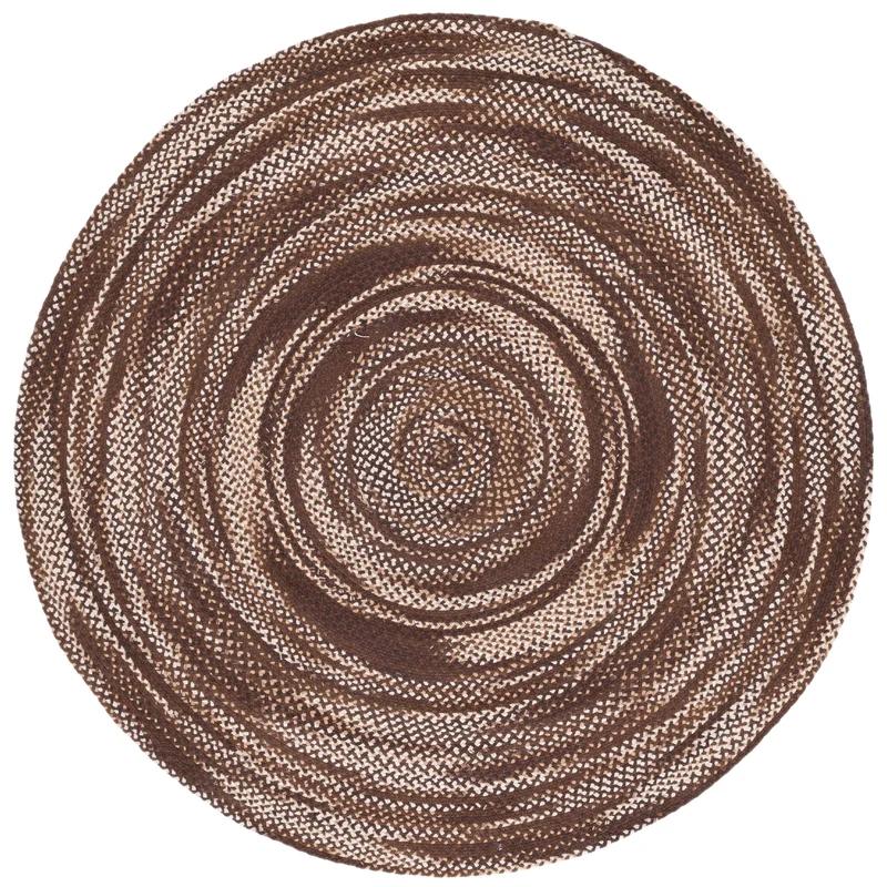 Ivory and Brown Handmade Braided Round Rug, 4' Diameter