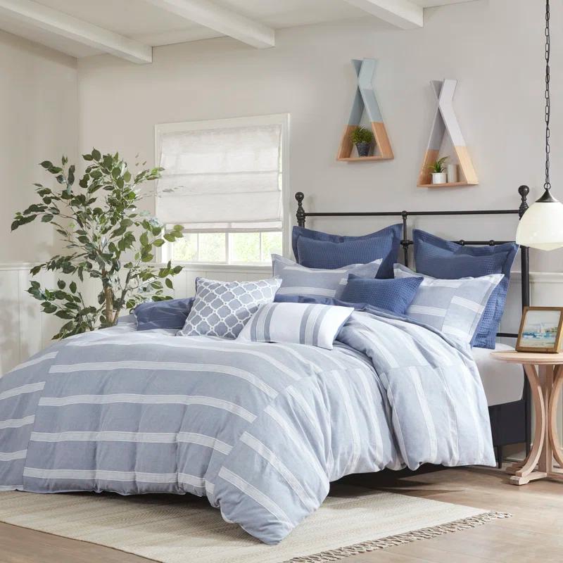 Blue and White Cotton Queen Comforter Set with Decorative Pillows