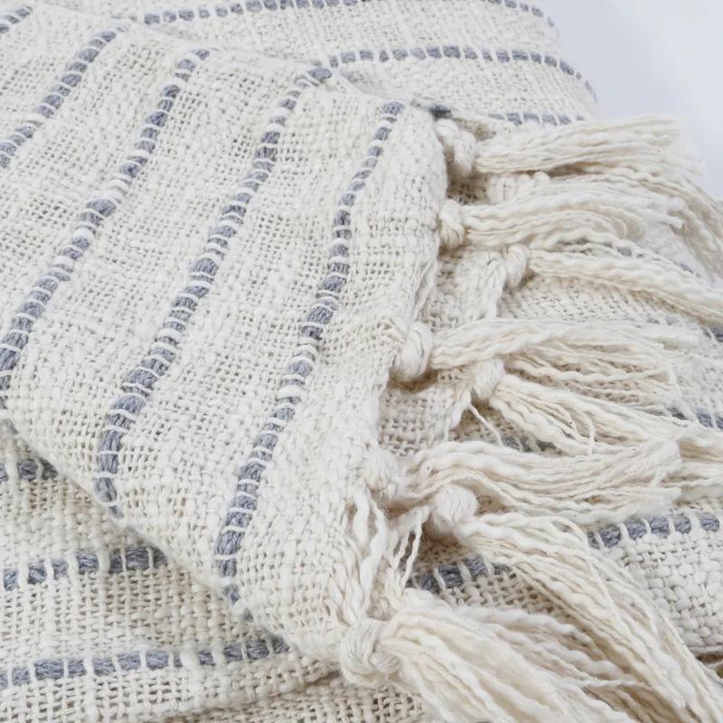 Jojo Ivory and Blue Grey Oversized Cotton Throw with Tassels