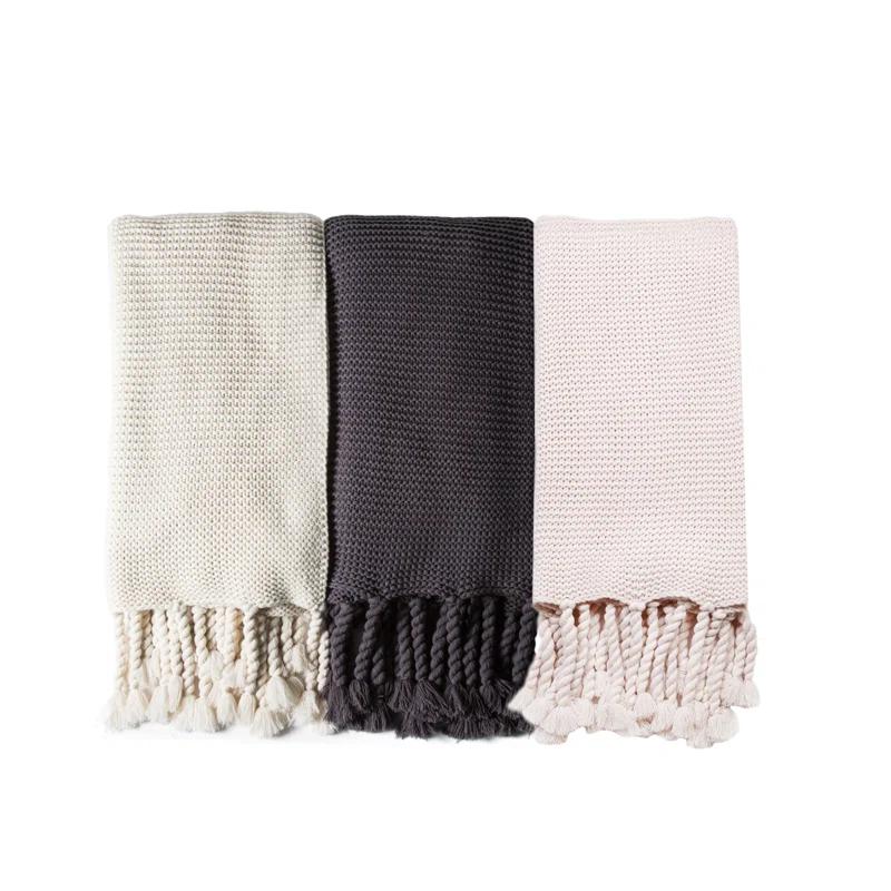 Blush Chunky Textured Weave Embroidered Throw with Braided Tassels