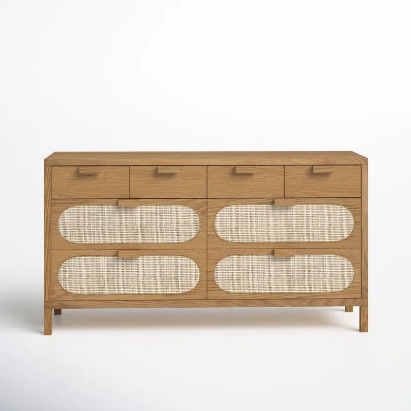 Alder Short Silhouette 8-Drawer Oak and Cane Dresser