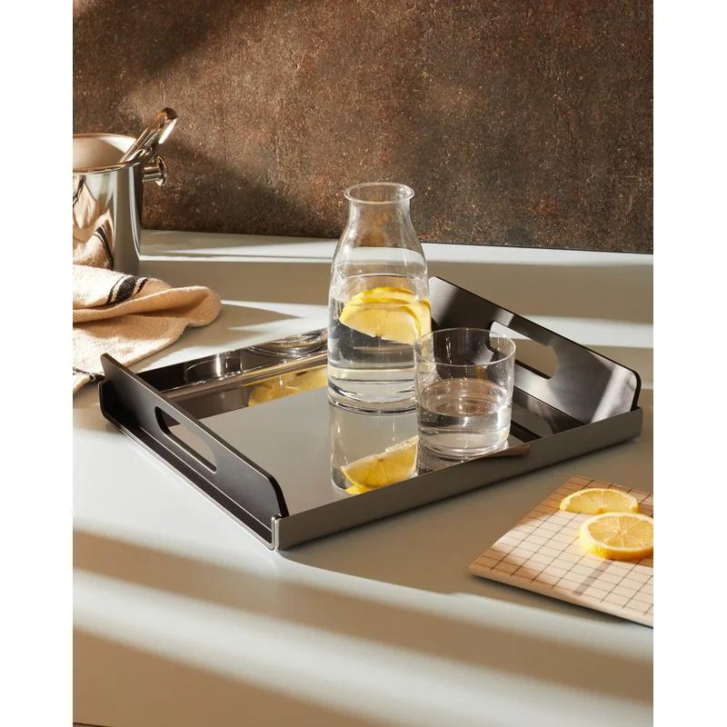 Vassily Stainless Steel and Black Resin Rectangular Tray with Handles