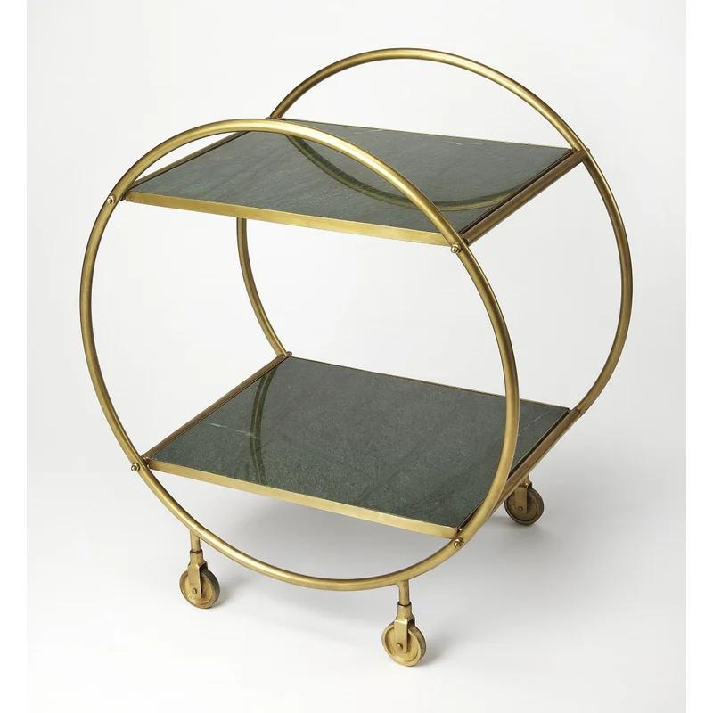Green Marble and Gold Circular Bar Cart with Storage