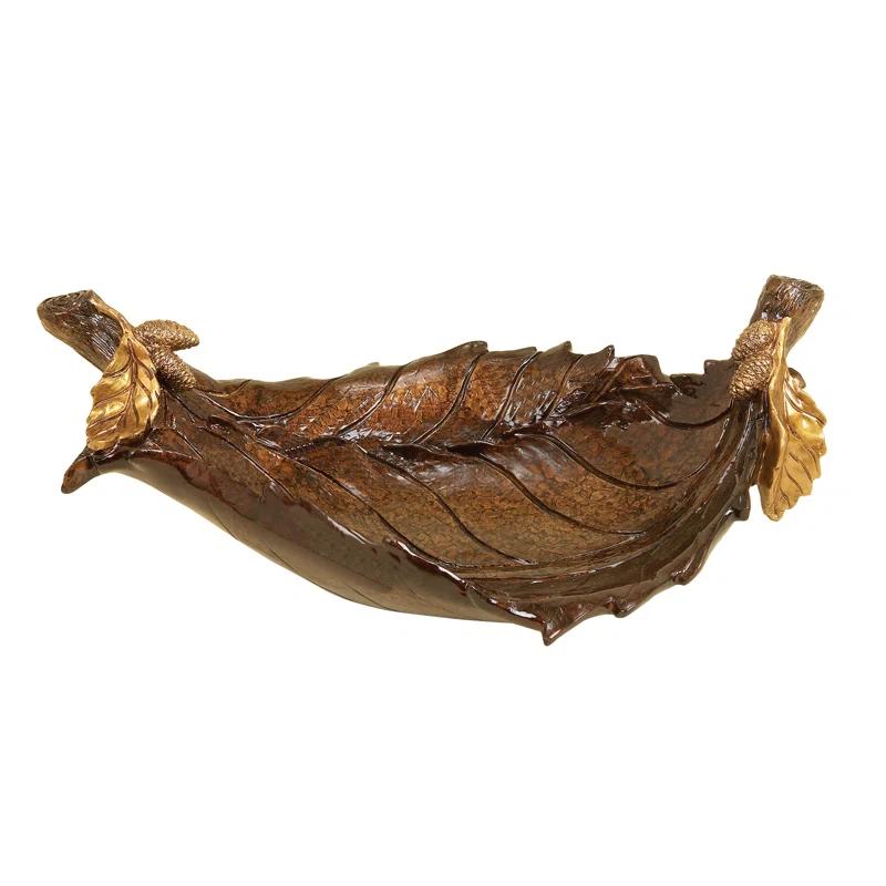 Millwood Pines Diederich Polystone Intricate Carved Leaf Bronze Decorative Bowl
