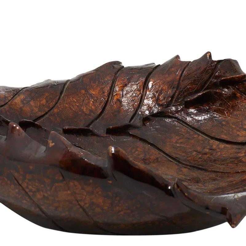 Millwood Pines Diederich Polystone Intricate Carved Leaf Bronze Decorative Bowl
