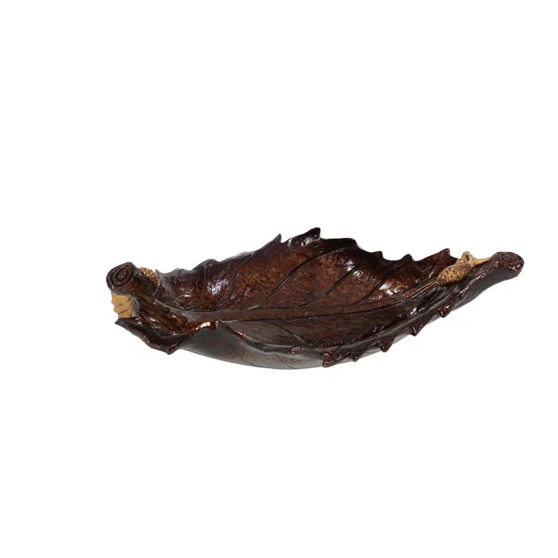 Millwood Pines Diederich Polystone Intricate Carved Leaf Bronze Decorative Bowl