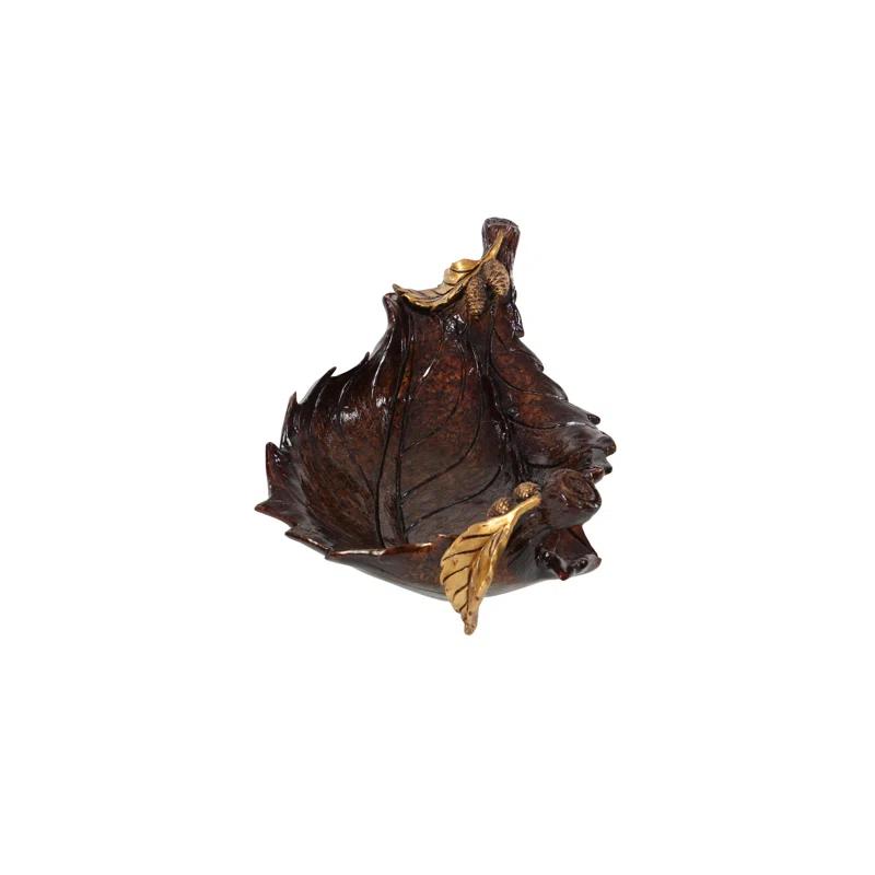 Millwood Pines Diederich Polystone Intricate Carved Leaf Bronze Decorative Bowl
