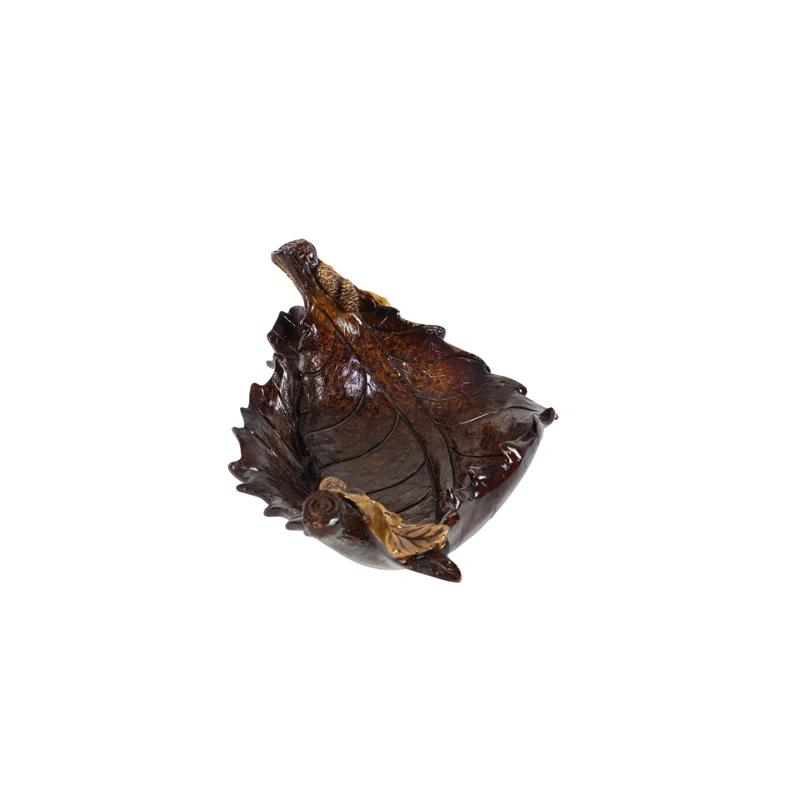 Millwood Pines Diederich Polystone Intricate Carved Leaf Bronze Decorative Bowl