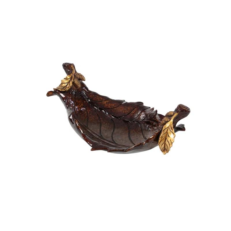 Millwood Pines Diederich Polystone Intricate Carved Leaf Bronze Decorative Bowl