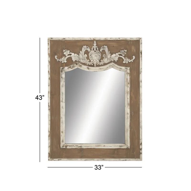 Scalloped 33" x 43" Brown and Cream Rustic Wooden Wall Mirror