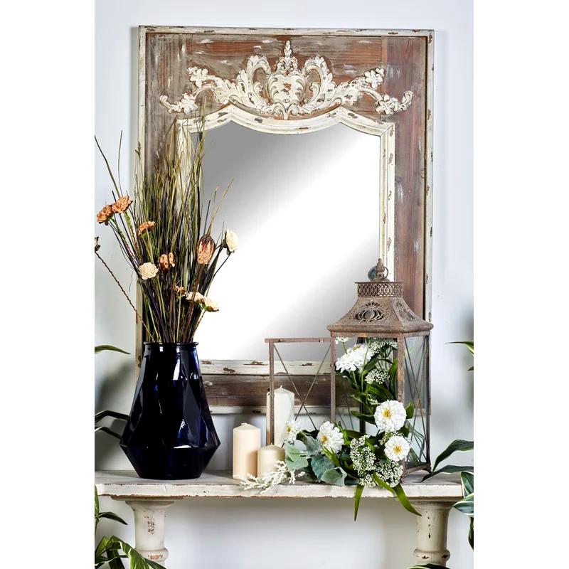 Scalloped 33" x 43" Brown and Cream Rustic Wooden Wall Mirror