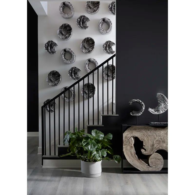 Eroded Silver Leaf & Black Wood Semi-Circle Sculpture on Stand