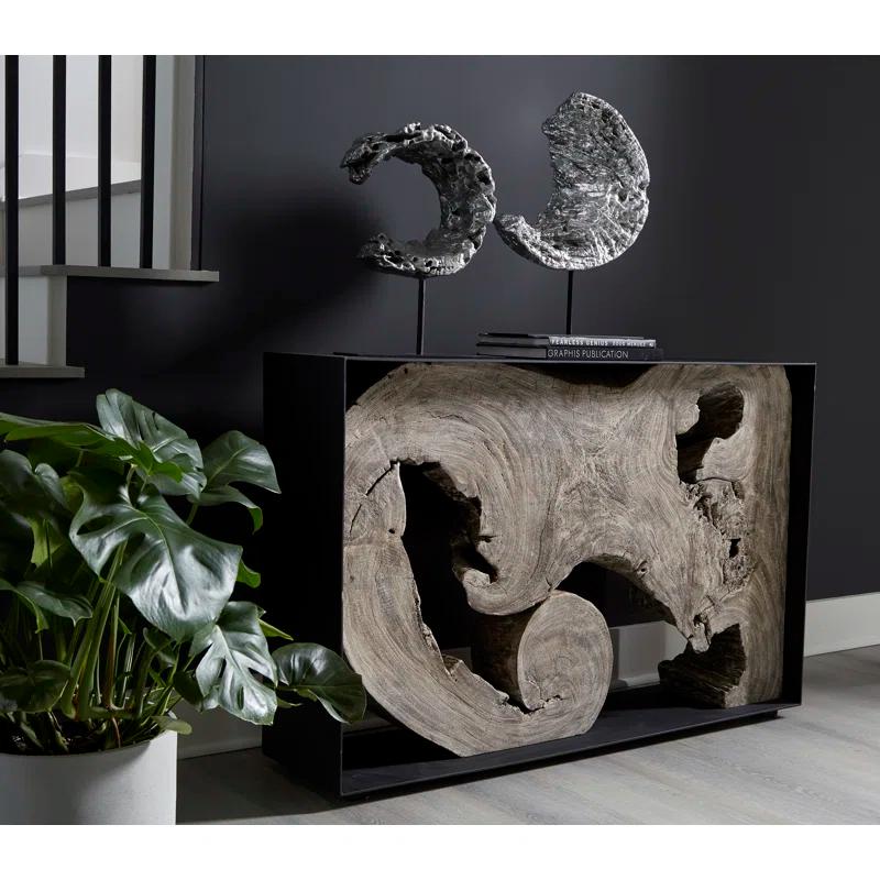 Eroded Silver Leaf & Black Wood Semi-Circle Sculpture on Stand