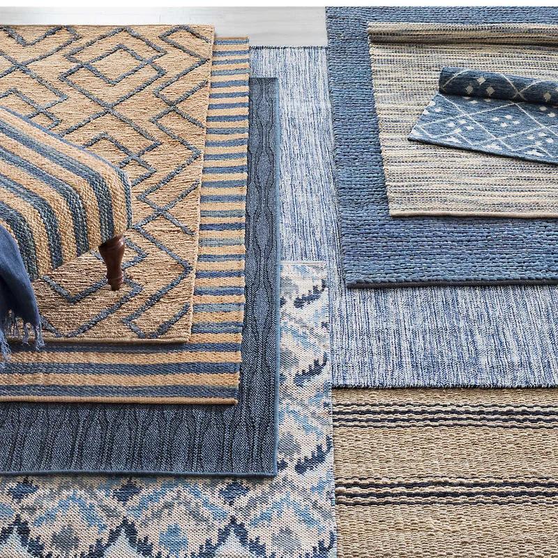 Handmade Braided Blue and Natural Stripe Reversible Rug 10' x 14'