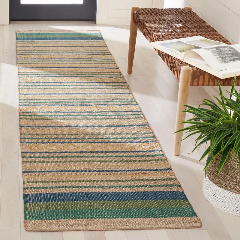 Handwoven Natural and Green Wool Cotton Kilim Rug - 2' 3" x 9'